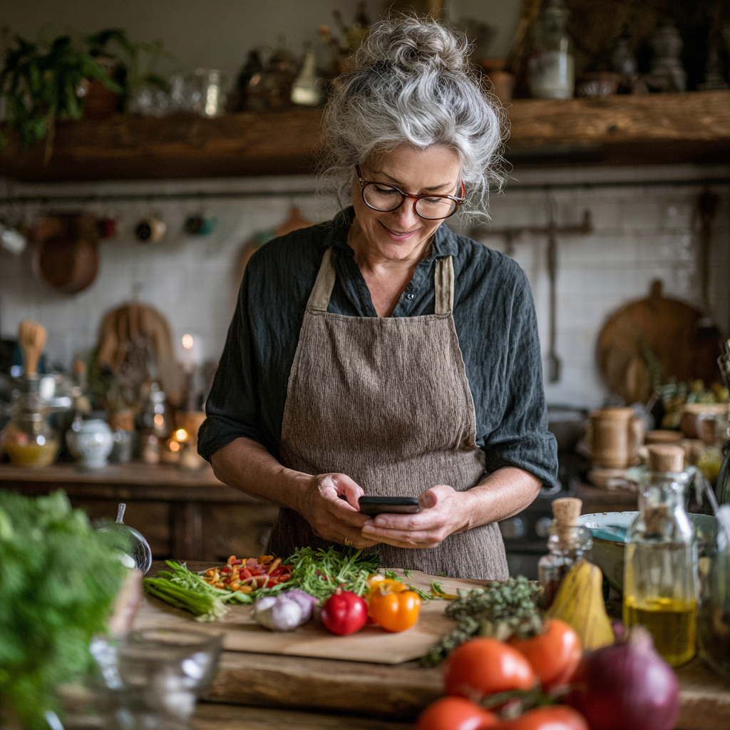 Жінка 58 років готує страву за рецептом з додатку, на кухні з овочами